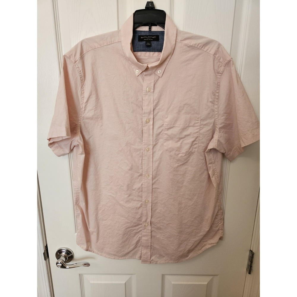 Banana Republic Men's Pink 100% Cotton Short Sleeve Button Down Shirt, Large